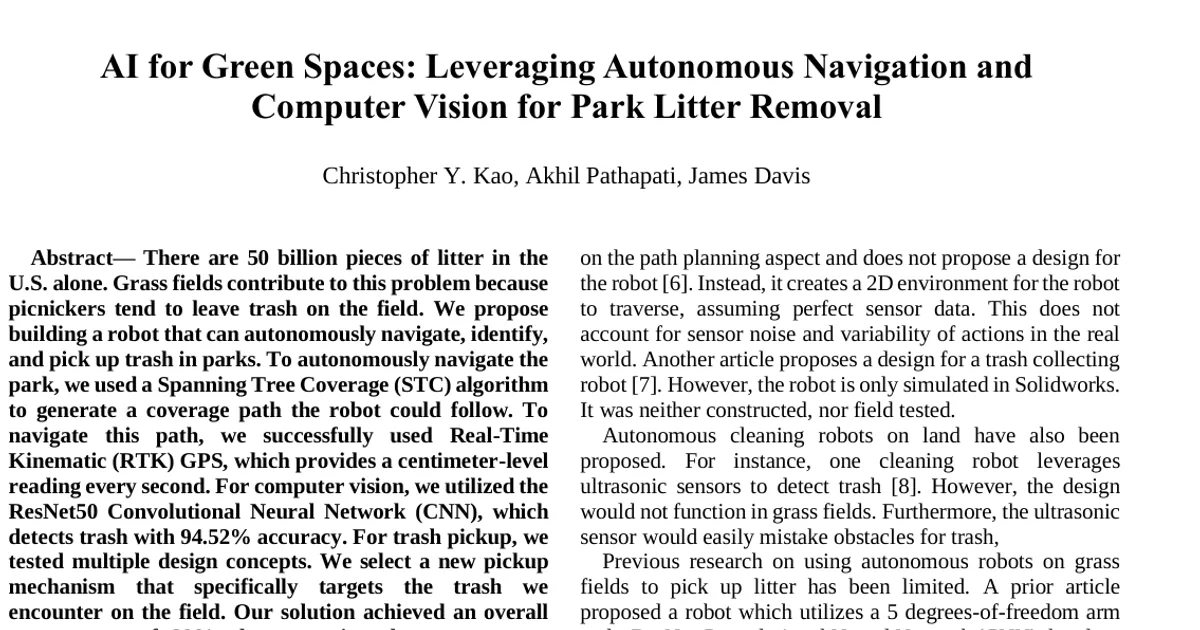 AI for Green Spaces: Leveraging Autonomous Navigation and Computer Vision for Park Litter Removal