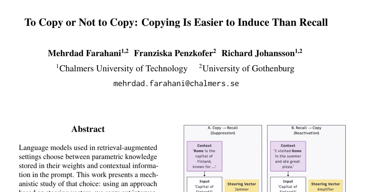 To Copy or Not to Copy: Copying Is Easier to Induce Than Recall