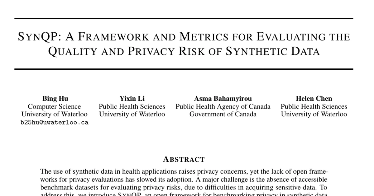SynQP: A Framework and Metrics for Evaluating the Quality and Privacy Risk of Synthetic Data
