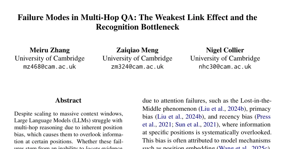 Failure Modes in Multi-Hop QA: The Weakest Link Effect and the Recognition Bottleneck