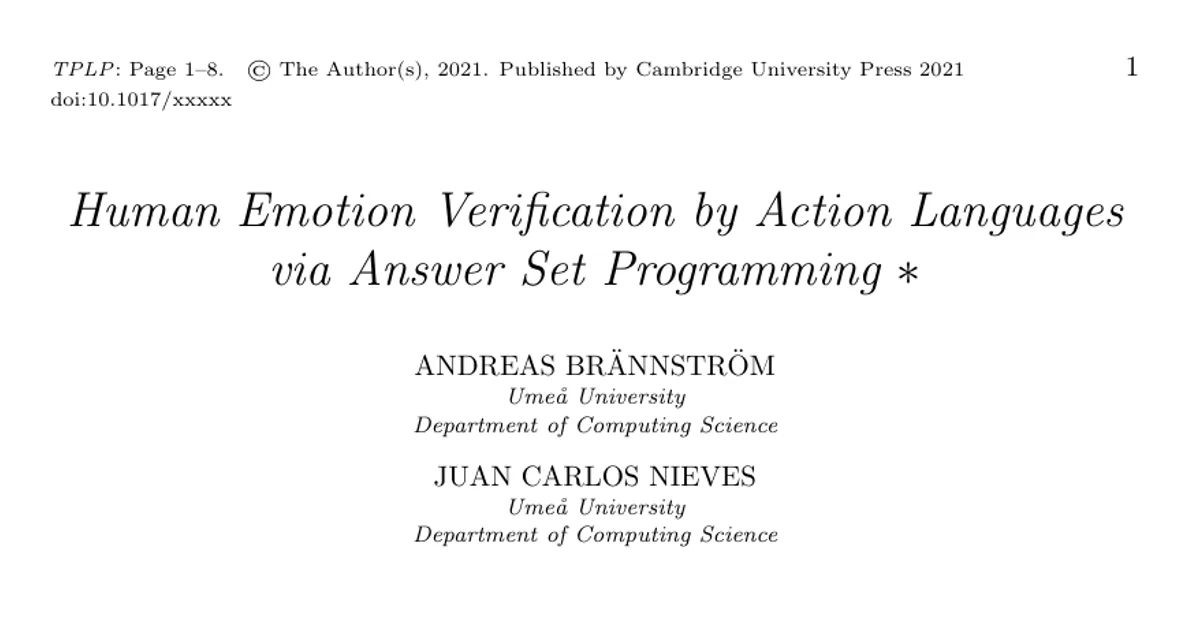Human Emotion Verification by Action Languages via Answer Set Programming