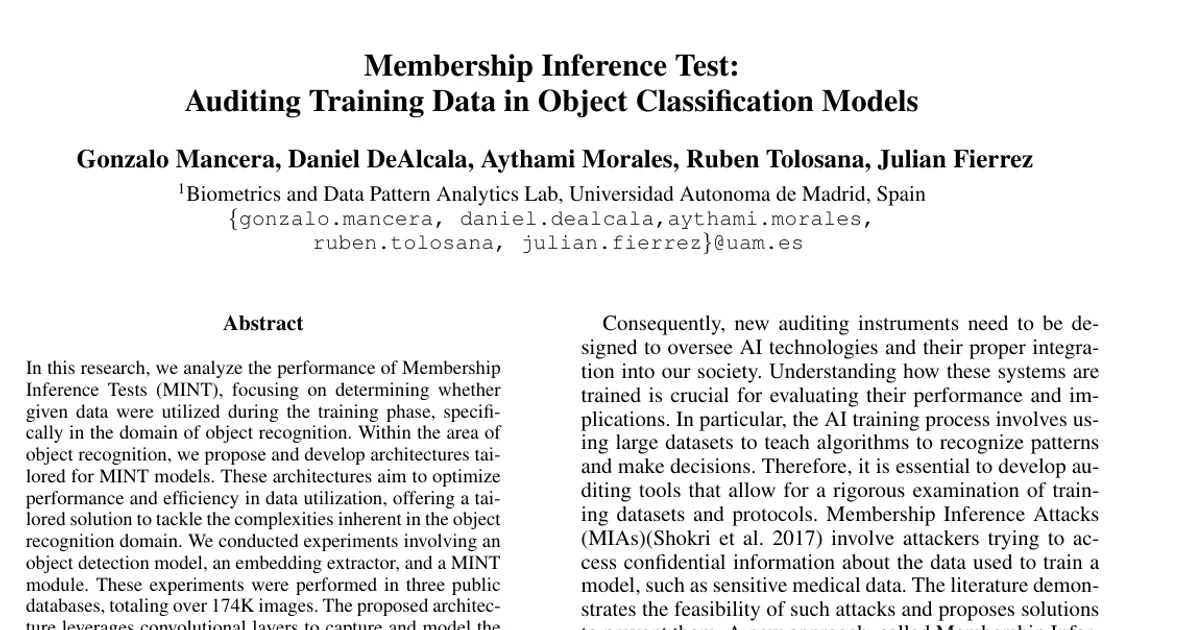Membership Inference Test: Auditing Training Data in Object Classification Models