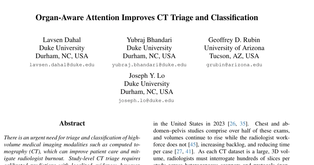 Organ-Aware Attention Improves CT Triage and Classification
