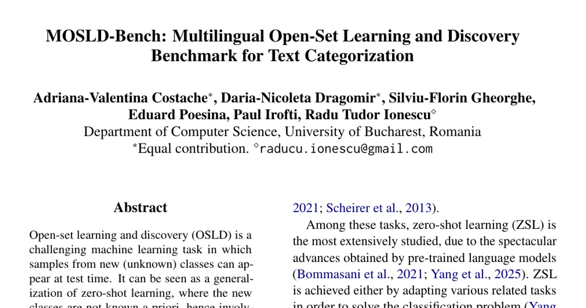 MOSLD-Bench: Multilingual Open-Set Learning and Discovery Benchmark for Text Categorization