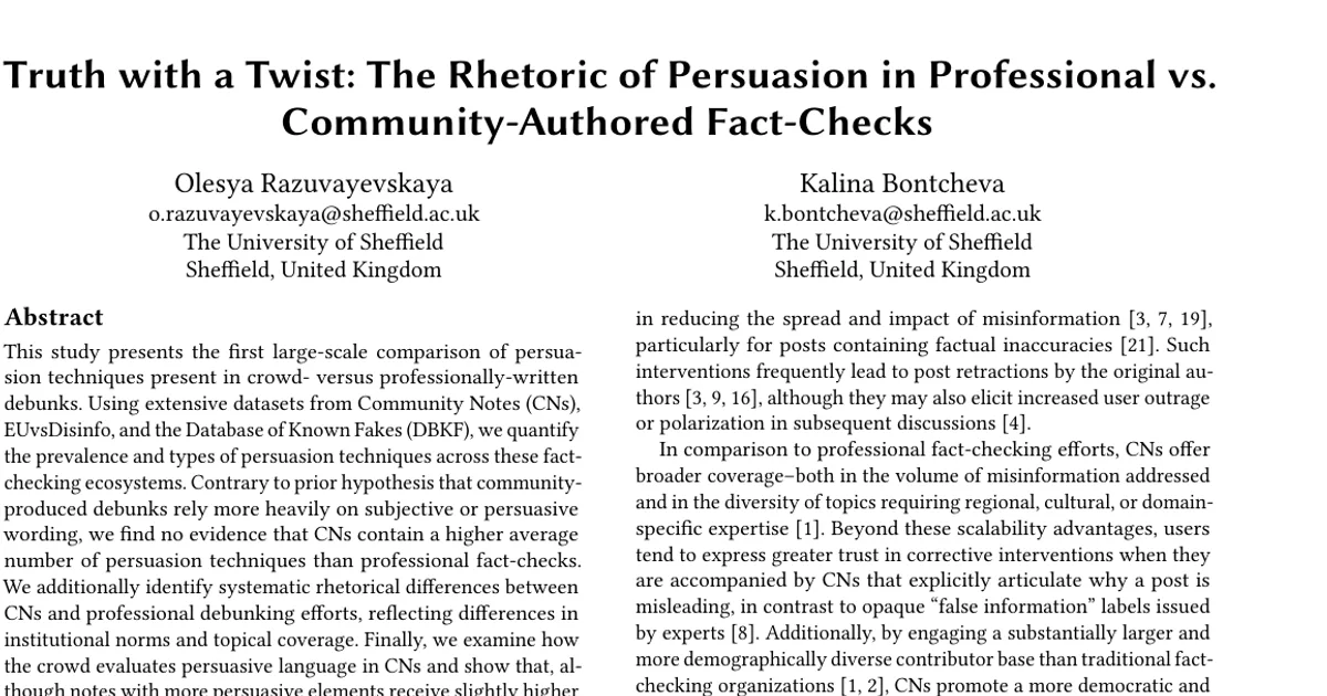 Truth with a Twist: The Rhetoric of Persuasion in Professional vs. Community-Authored Fact-Checks
