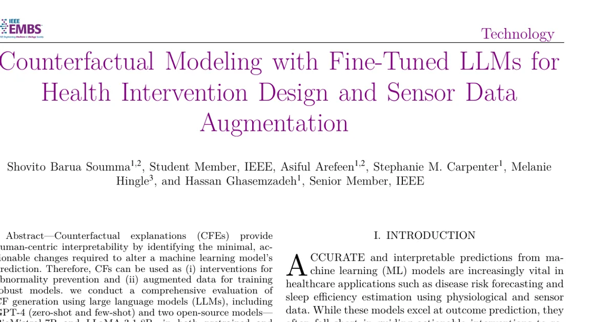 Counterfactual Modeling with Fine-Tuned LLMs for Health Intervention Design and Sensor Data Augmentation