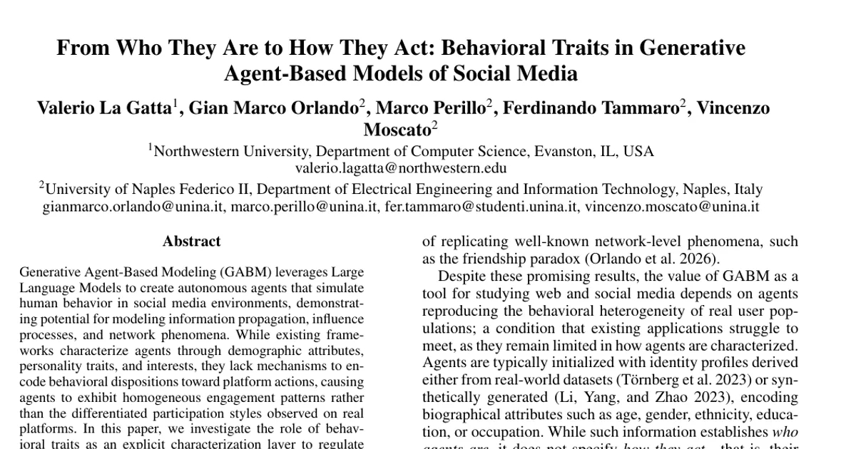 From Who They Are to How They Act: Behavioral Traits in Generative Agent-Based Models of Social Media