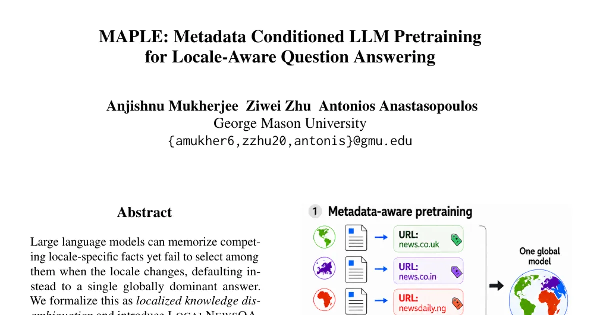 MAPLE: Metadata Conditioned LLM Pretraining for Locale-Aware Question Answering