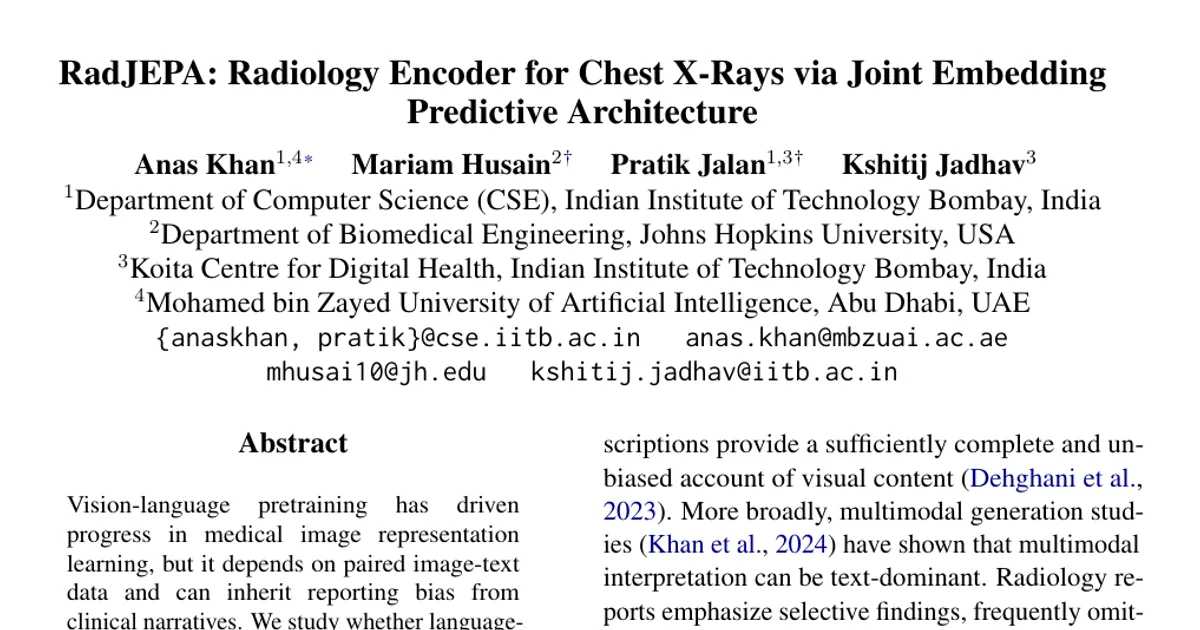 RadJEPA: Radiology Encoder for Chest X-Rays via Joint Embedding Predictive Architecture