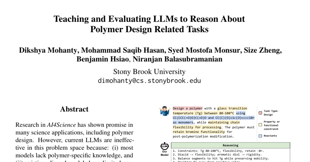 Teaching and Evaluating LLMs to Reason About Polymer Design Related Tasks
