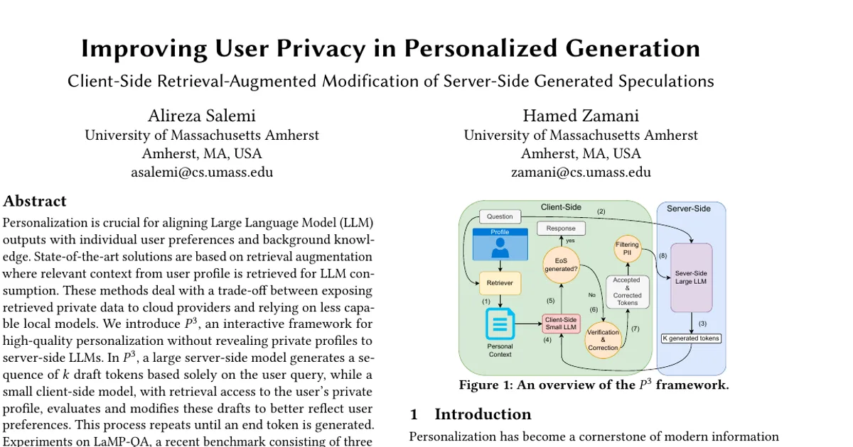Improving User Privacy in Personalized Generation: Client-Side Retrieval-Augmented Modification of Server-Side Generated Speculations