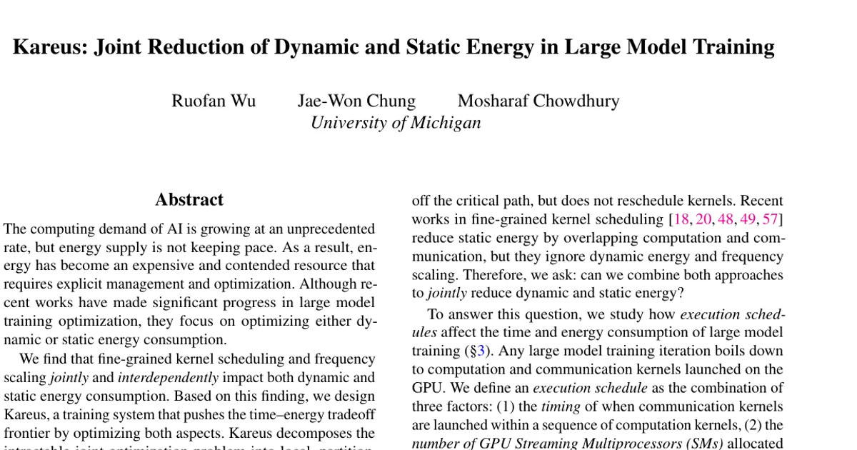 Kareus: Joint Reduction of Dynamic and Static Energy in Large Model Training