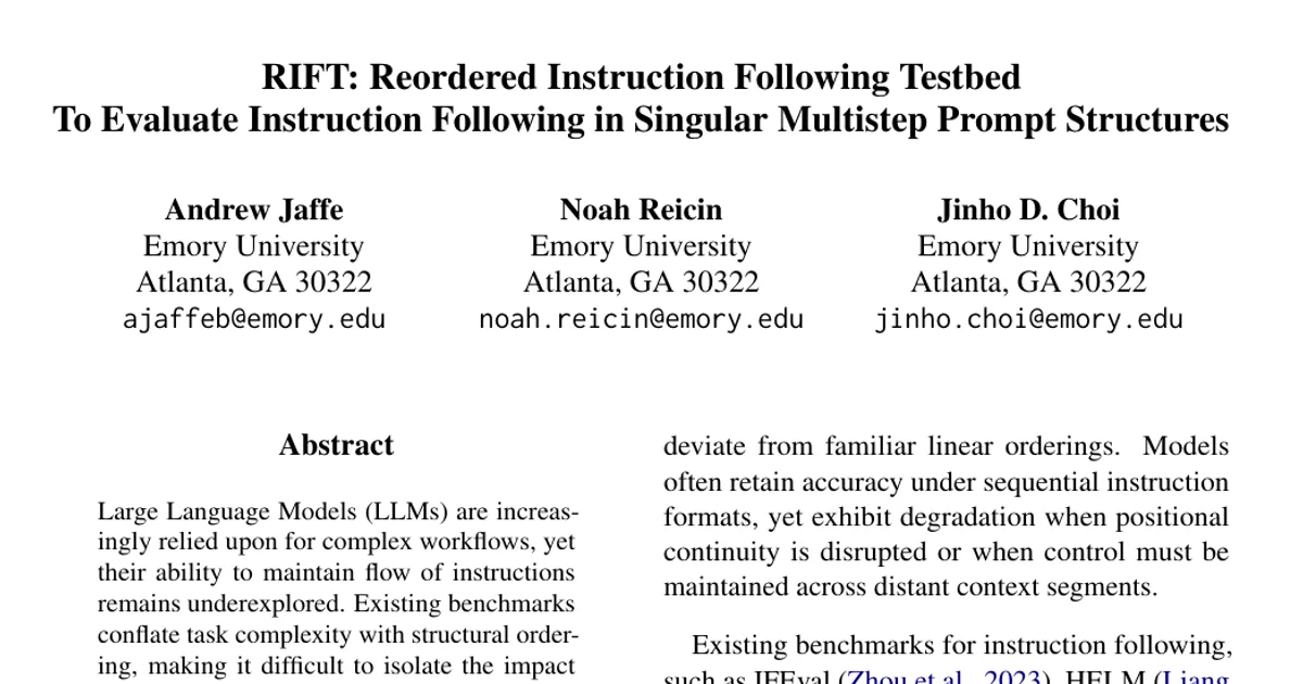 RIFT: Reordered Instruction Following Testbed To Evaluate Instruction Following in Singular Multistep Prompt Structures