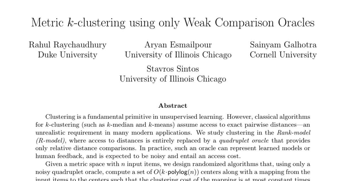 Metric $k$-clustering using only Weak Comparison Oracles