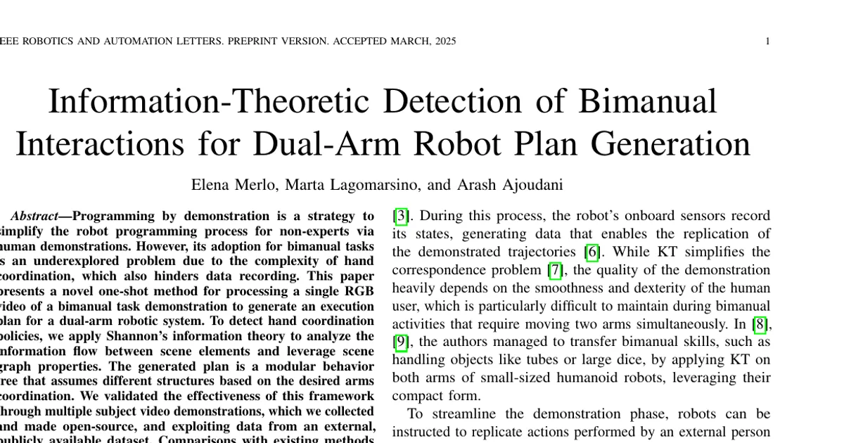 Information-Theoretic Detection of Bimanual Interactions for Dual-Arm Robot Plan Generation