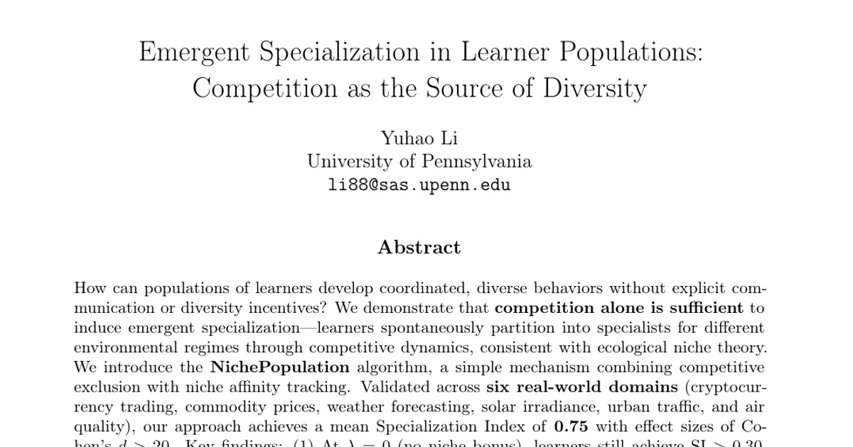 Emergent Specialization in Learner Populations: Competition as the Source of Diversity