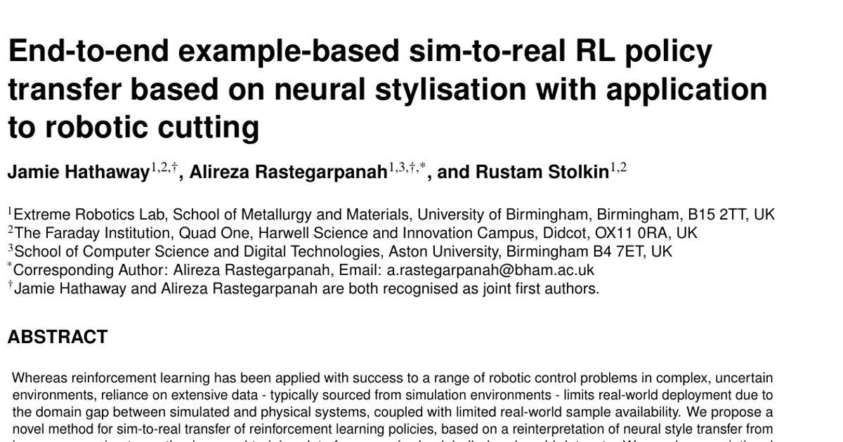 End-to-end example-based sim-to-real RL policy transfer based on neural stylisation with application to robotic cutting