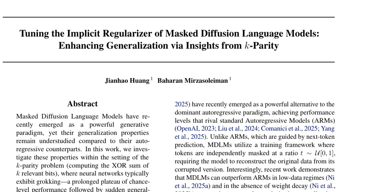 Tuning the Implicit Regularizer of Masked Diffusion Language Models: Enhancing Generalization via Insights from $k$-Parity