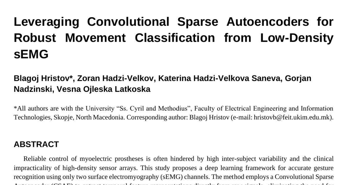 Leveraging Convolutional Sparse Autoencoders for Robust Movement Classification from Low-Density sEMG