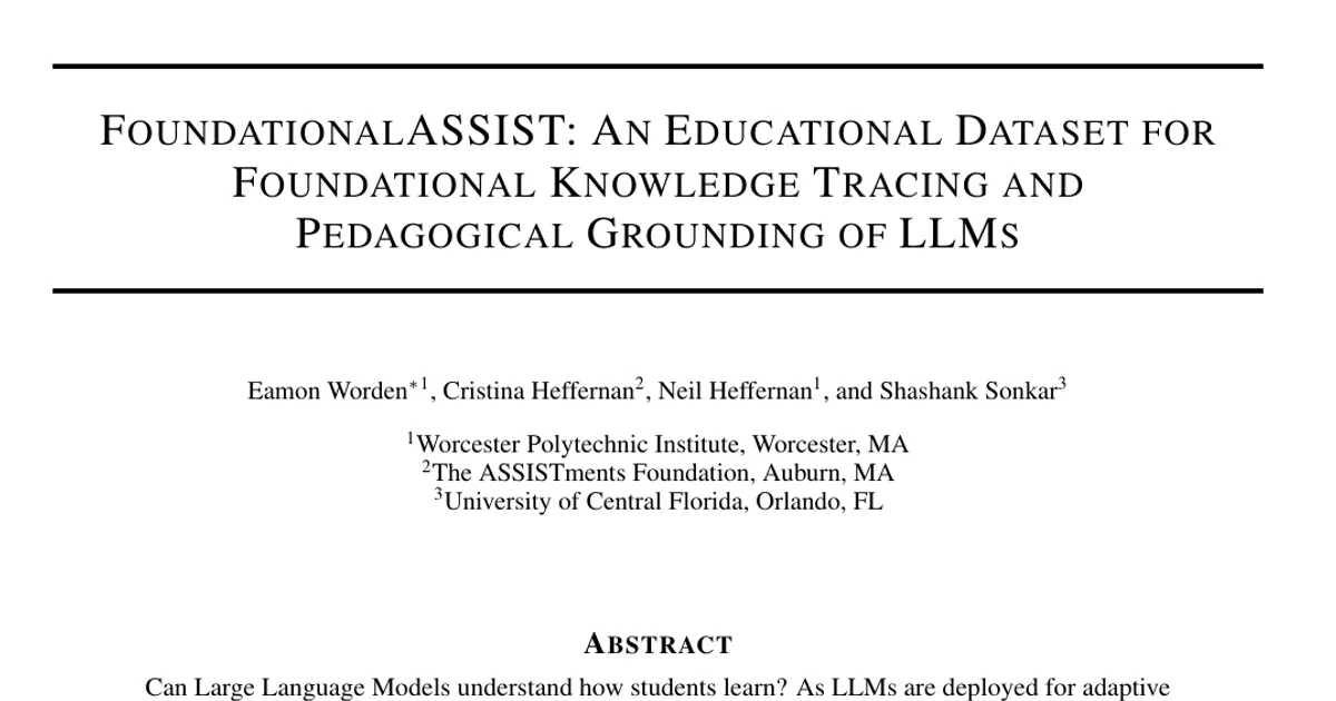 FoundationalASSIST: An Educational Dataset for Foundational Knowledge Tracing and Pedagogical Grounding of LLMs