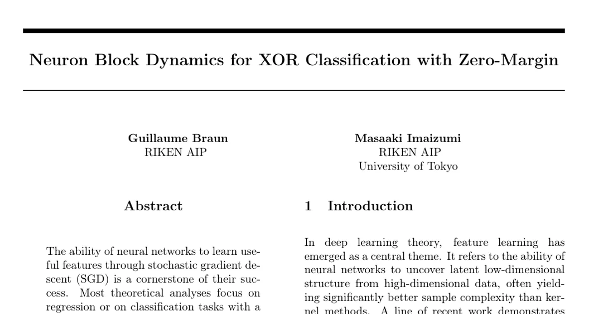 Neuron Block Dynamics for XOR Classification with Zero-Margin