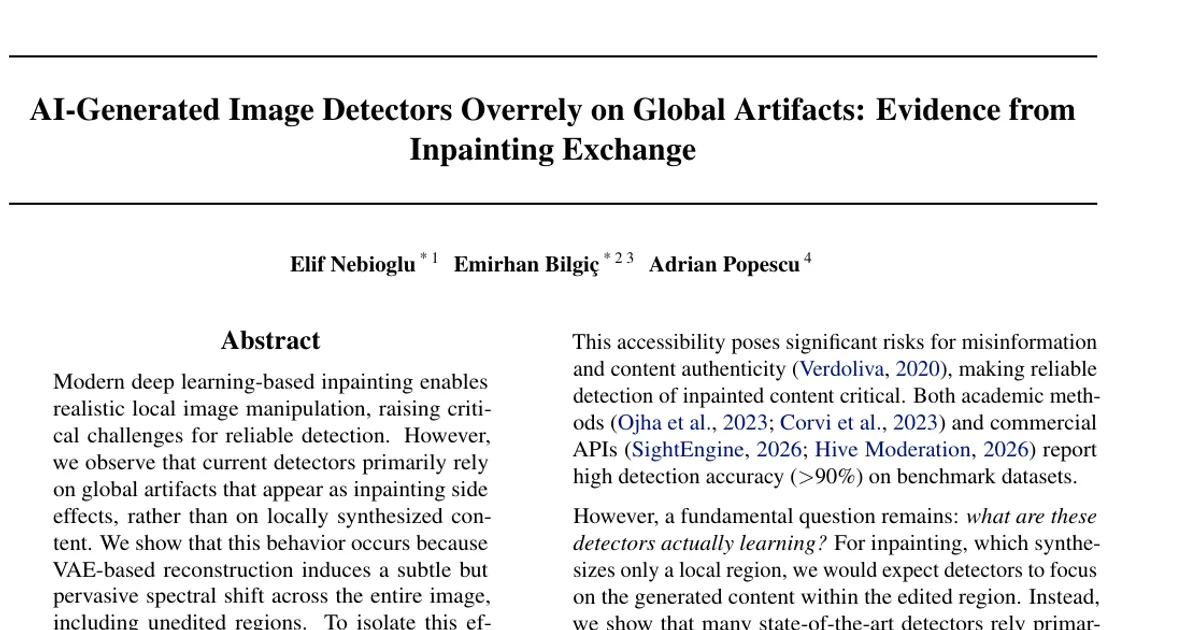 AI-Generated Image Detectors Overrely on Global Artifacts: Evidence from Inpainting Exchange