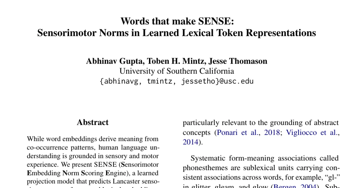 Words that make SENSE: Sensorimotor Norms in Learned Lexical Token Representations