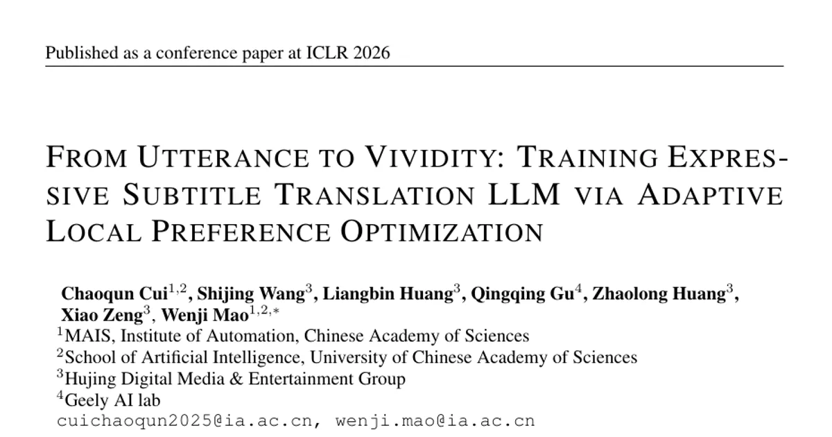 From Utterance to Vividity: Training Expressive Subtitle Translation LLM via Adaptive Local Preference Optimization