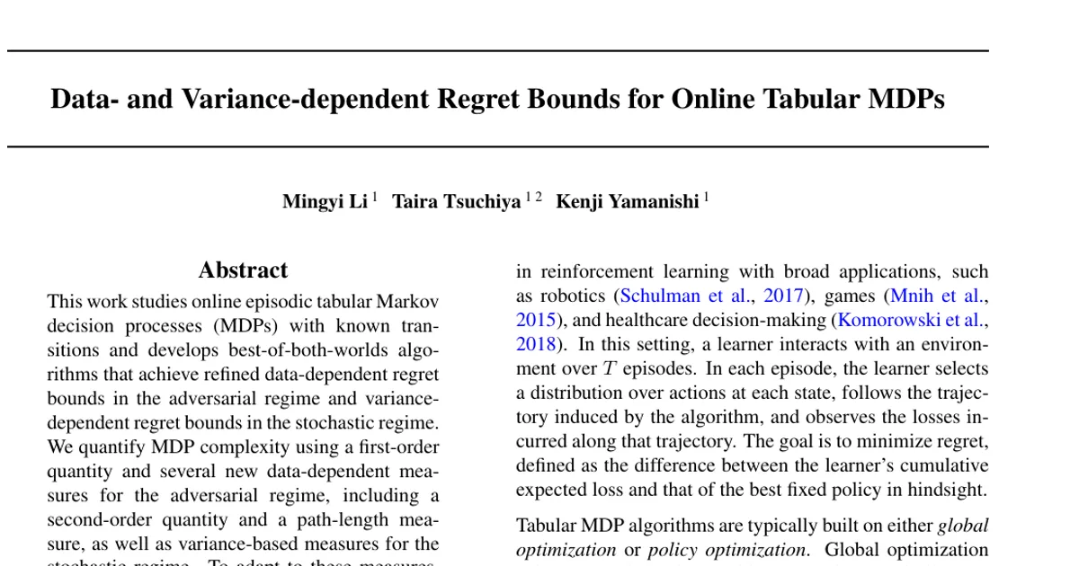 Data- and Variance-dependent Regret Bounds for Online Tabular MDPs