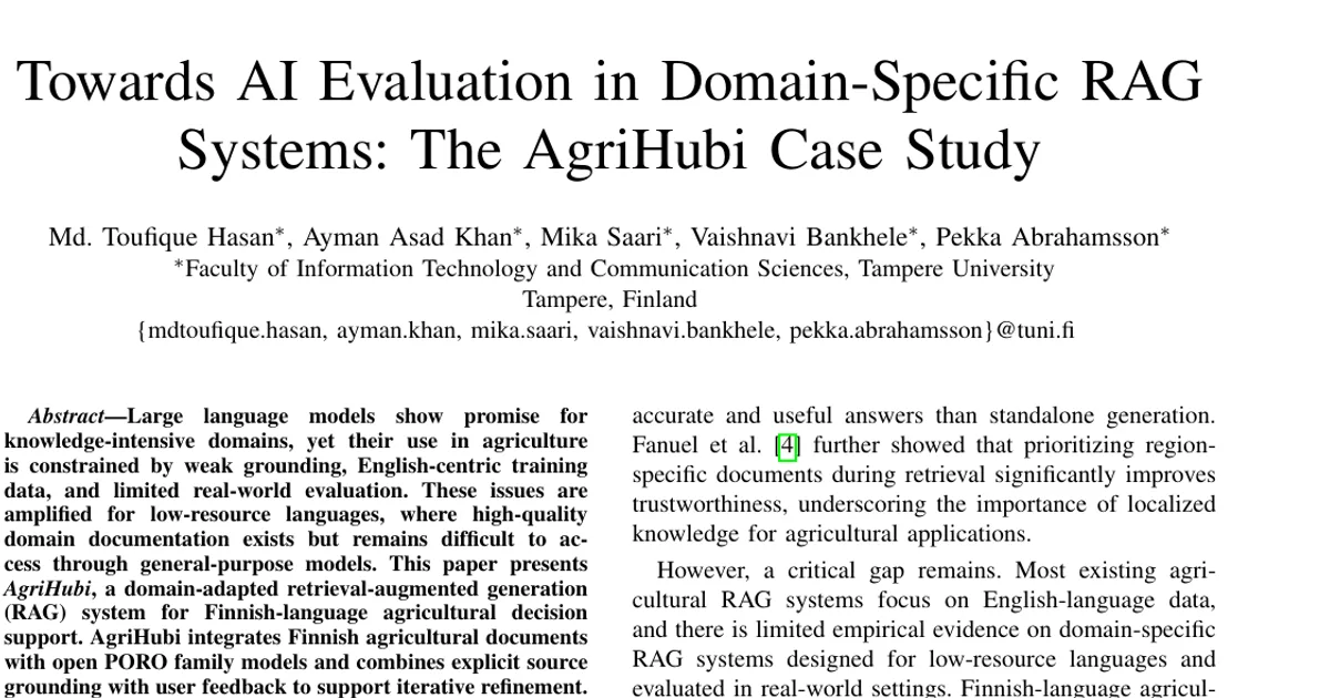 Towards AI Evaluation in Domain-Specific RAG Systems: The AgriHubi Case Study