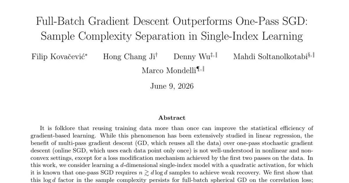 Full-Batch Gradient Descent Outperforms One-Pass SGD: Sample Complexity Separation in Single-Index Learning