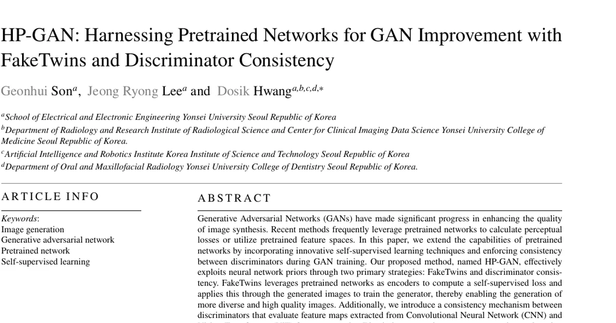 HP-GAN: Harnessing pretrained networks for GAN improvement with FakeTwins and discriminator consistency