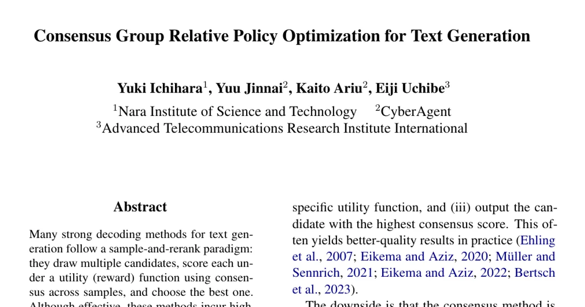 Consensus Group Relative Policy Optimization for Text Generation