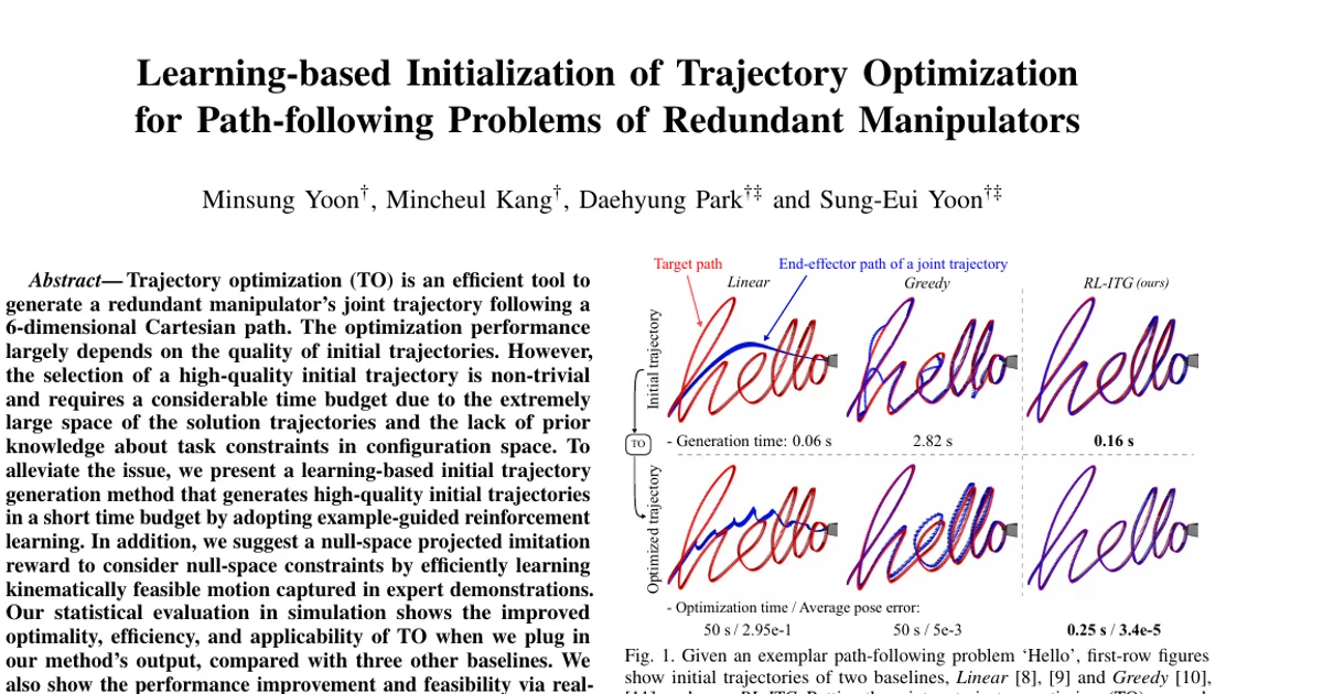 Learning-based Initialization of Trajectory Optimization for Path-following Problems of Redundant Manipulators
