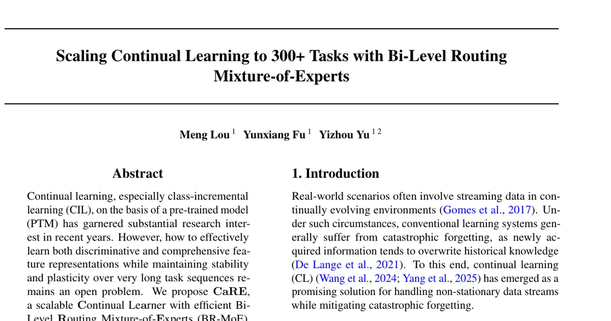 Scaling Continual Learning to 300+ Tasks with Bi-Level Routing Mixture-of-Experts
