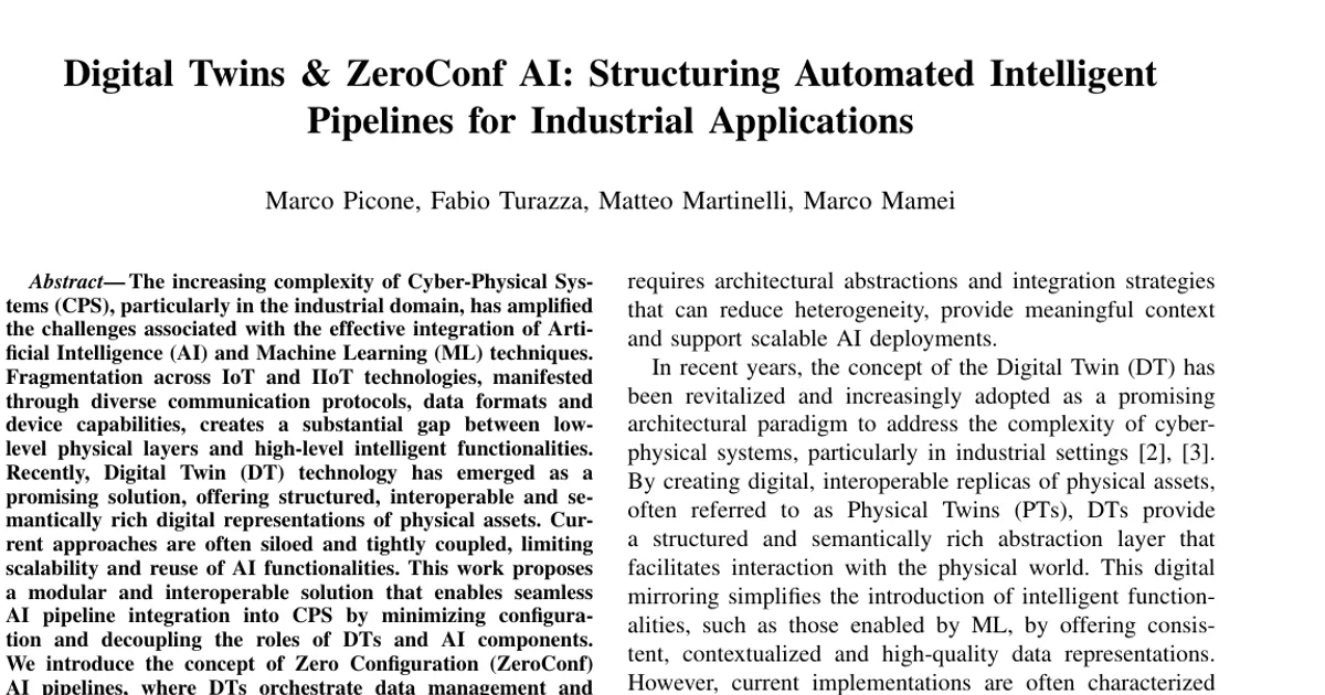 Digital Twins & ZeroConf AI: Structuring Automated Intelligent Pipelines for Industrial Applications