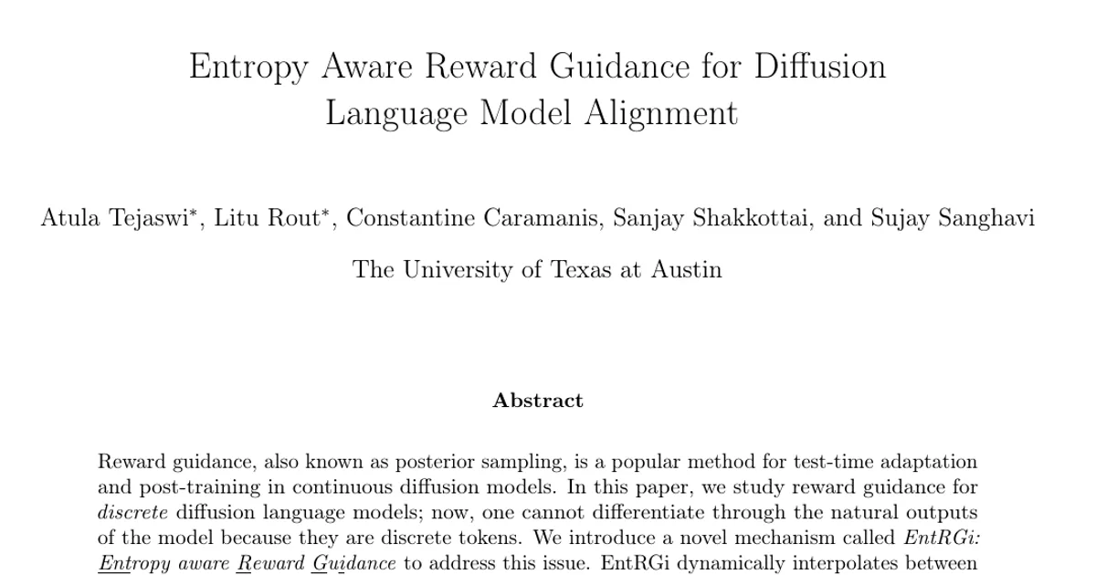 Entropy Aware Reward Guidance for Diffusion Language Model Alignment