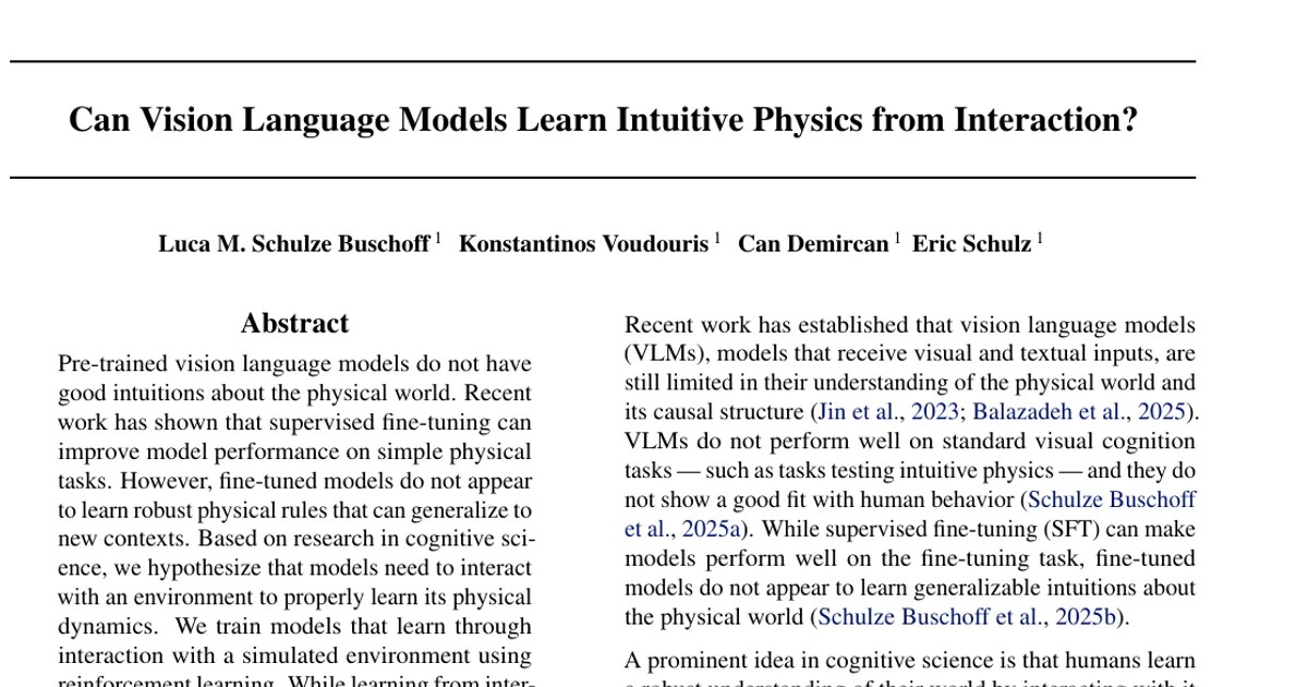 Can Vision Language Models Learn Intuitive Physics from Interaction?