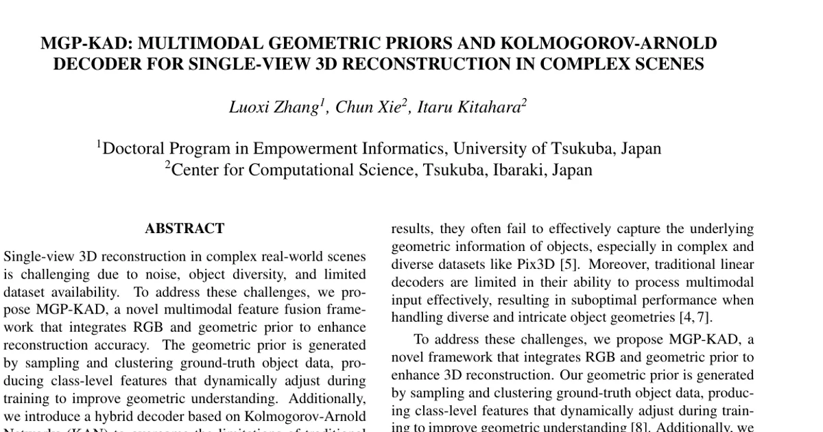 MGP-KAD: Multimodal Geometric Priors and Kolmogorov-Arnold Decoder for Single-View 3D Reconstruction in Complex Scenes