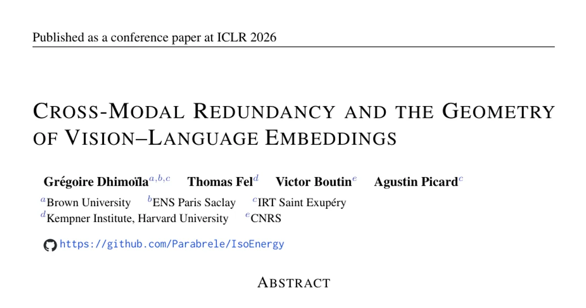 Cross-Modal Redundancy and the Geometry of Vision-Language Embeddings