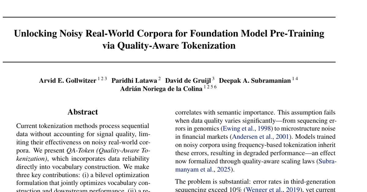 Unlocking Noisy Real-World Corpora for Foundation Model Pre-Training via Quality-Aware Tokenization