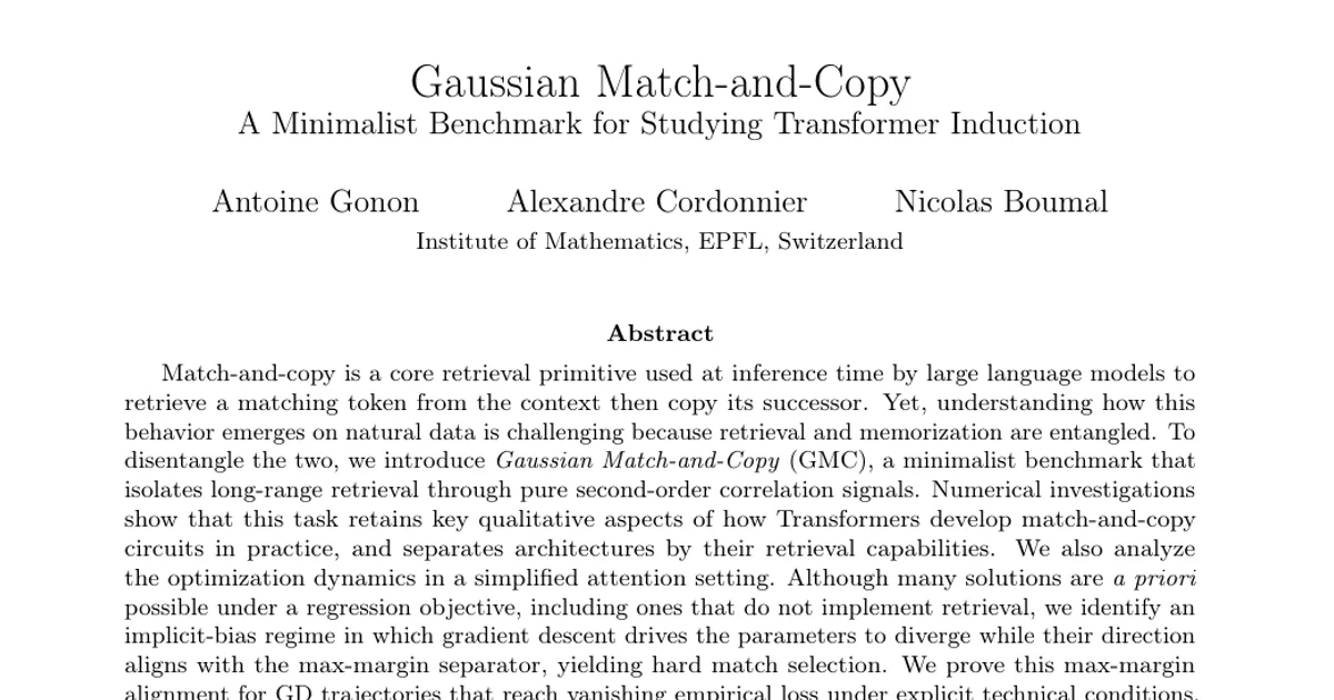 Gaussian Match-and-Copy: A Minimalist Benchmark for Studying Transformer Induction