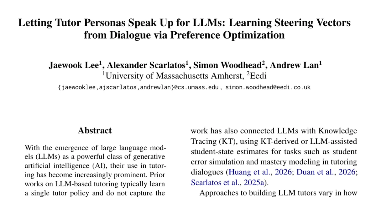 Letting Tutor Personas Speak Up for LLMs: Learning Steering Vectors from Dialogue via Preference Optimization