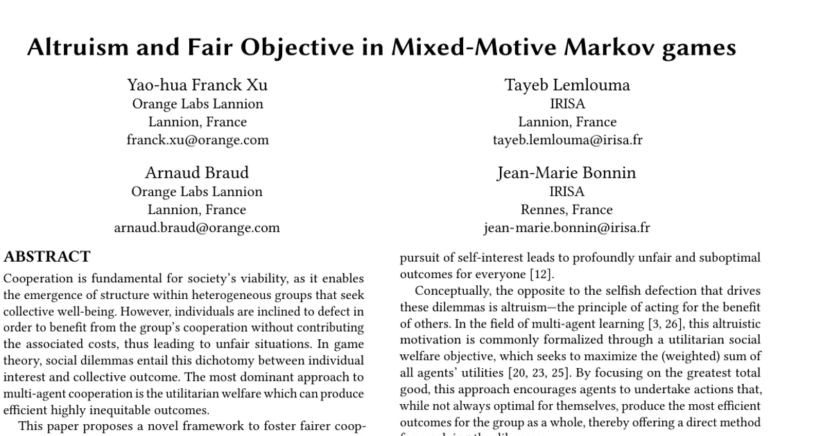 Altruism and Fair Objective in Mixed-Motive Markov games