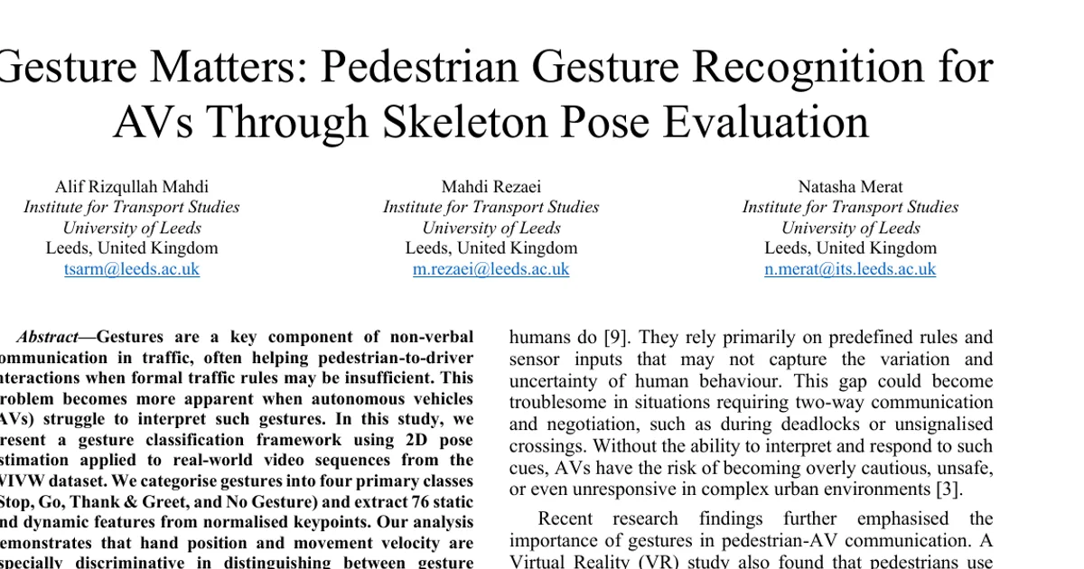 Gesture Matters: Pedestrian Gesture Recognition for AVs Through Skeleton Pose Evaluation