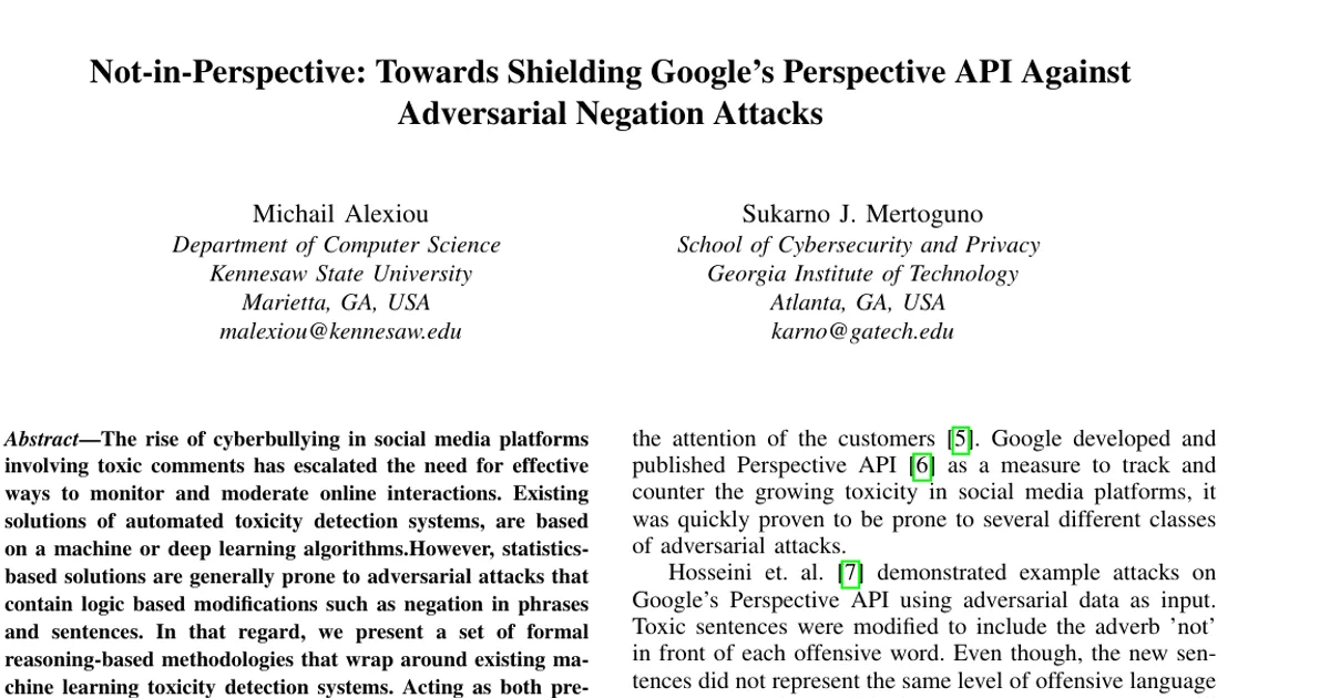 Not-in-Perspective: Towards Shielding Google's Perspective API Against Adversarial Negation Attacks