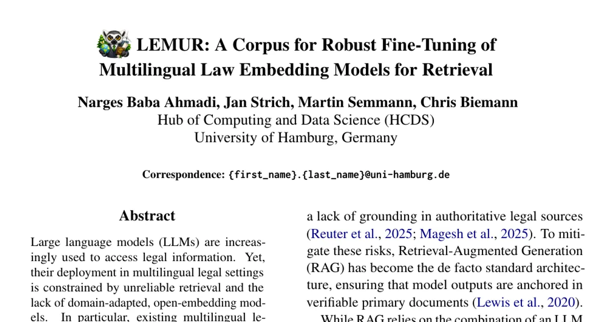 LEMUR: A Corpus for Robust Fine-Tuning of Multilingual Law Embedding Models for Retrieval