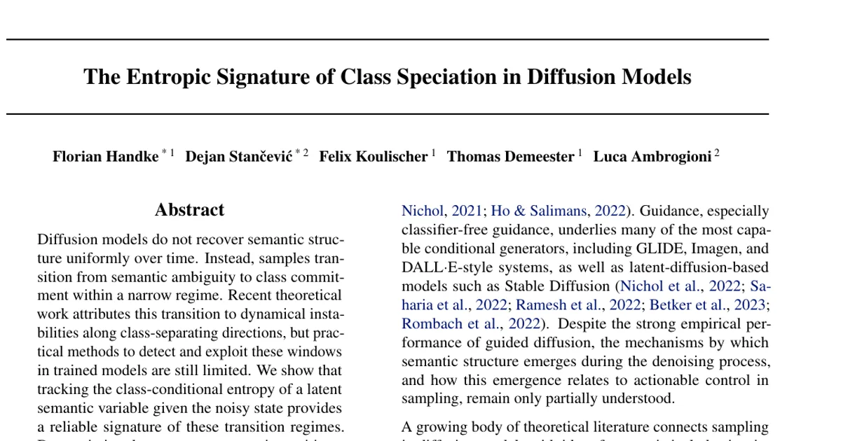 The Entropic Signature of Class Speciation in Diffusion Models