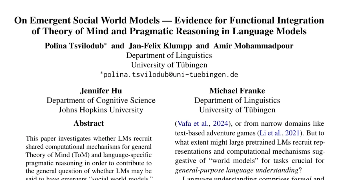 On Emergent Social World Models -- Evidence for Functional Integration of Theory of Mind and Pragmatic Reasoning in Language Models