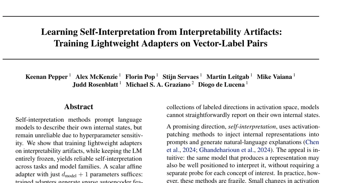 Learning Self-Interpretation from Interpretability Artifacts: Training Lightweight Adapters on Vector-Label Pairs